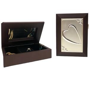 Small Jewelry Box  Embossed Silver Heart Gift Boxed Dark Wood